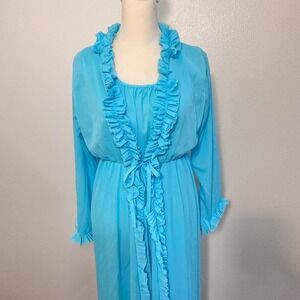 Vintage Resort Ruffle Peignoir Nightgown Robe Set Women M Turquoise Blue